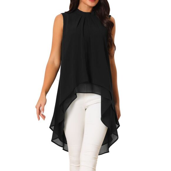 Casual Tie Back Asymmetrical Sleeveless Mock Neck Flowy Blouse Tops Black - Picture 1 of 6